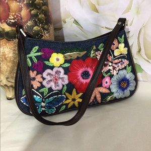 Vintage Saint Embroidered Handbag Denim & Floral Shoulder Bag Small Handbag